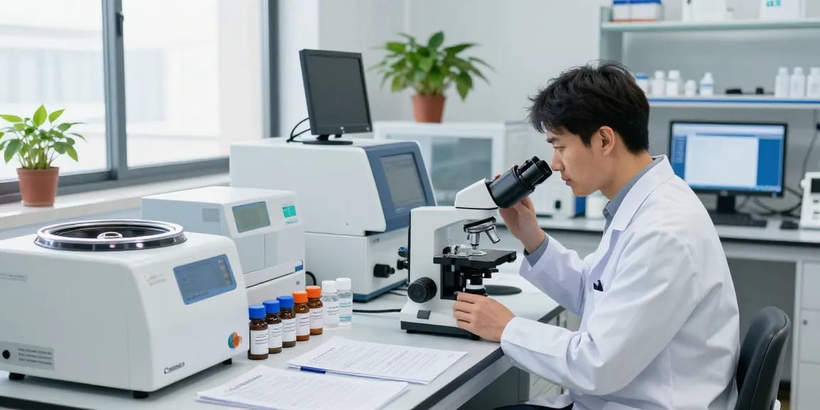 Scientist examining third-party tested peptides in a modern lab with advanced equipment.