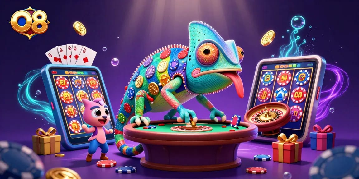 Experience O8's vibrant casino adventure with a colorful chameleon protagonist capturing golden coins.
