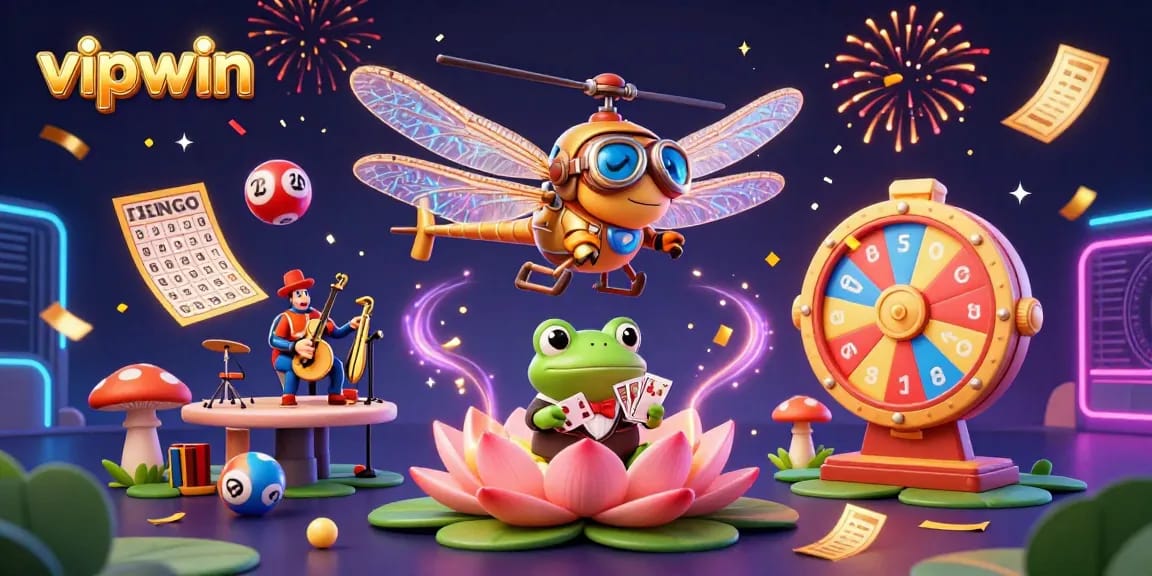 Engage with vipwin in this vibrant 3D illustration of a lily pad casino scene filled with colorful lottery elements.
