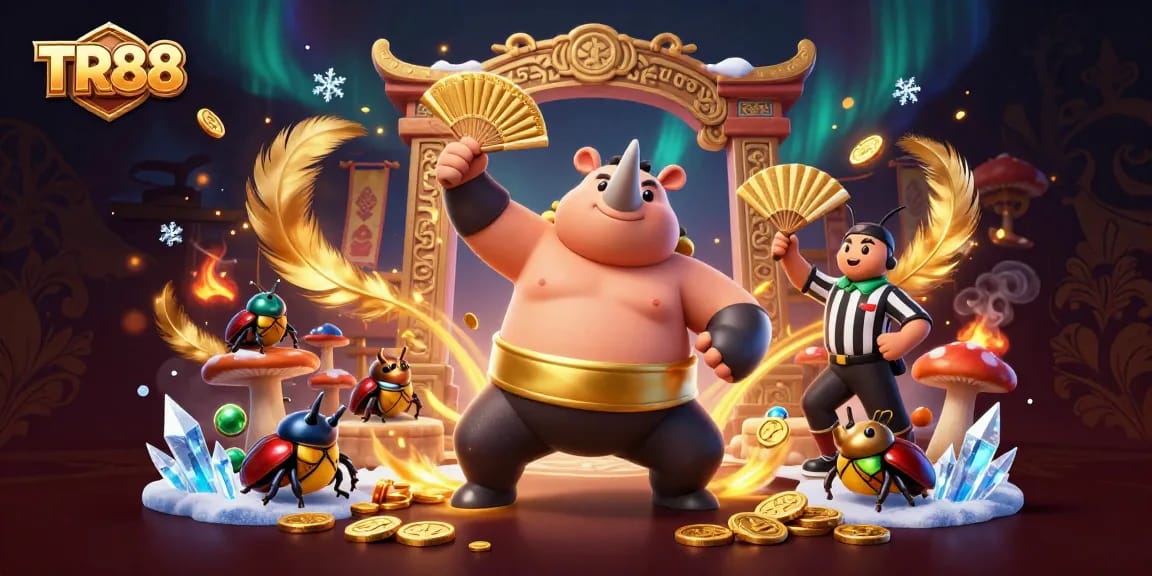 Experience TR88's thrilling gaming action with a vibrant 3D beetle sumo championship illustration.