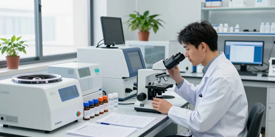 Scientist examining third-party tested peptides in a modern lab with advanced equipment.