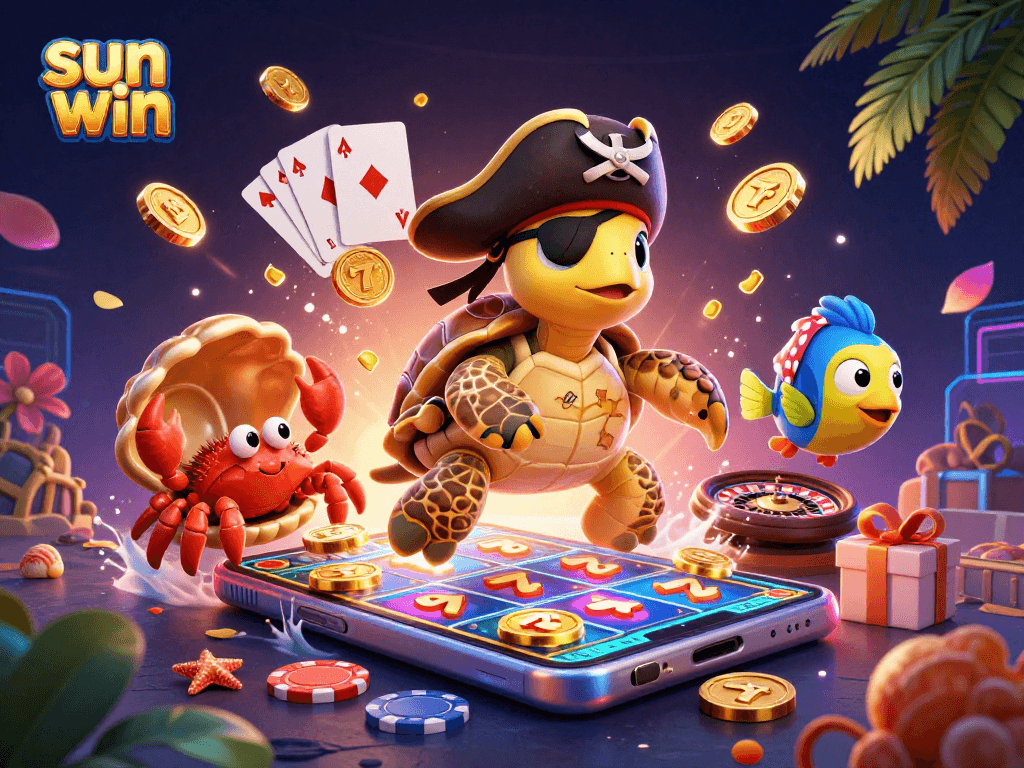 Experience big wins with sun win: lively pirate turtle and friends playing slots.