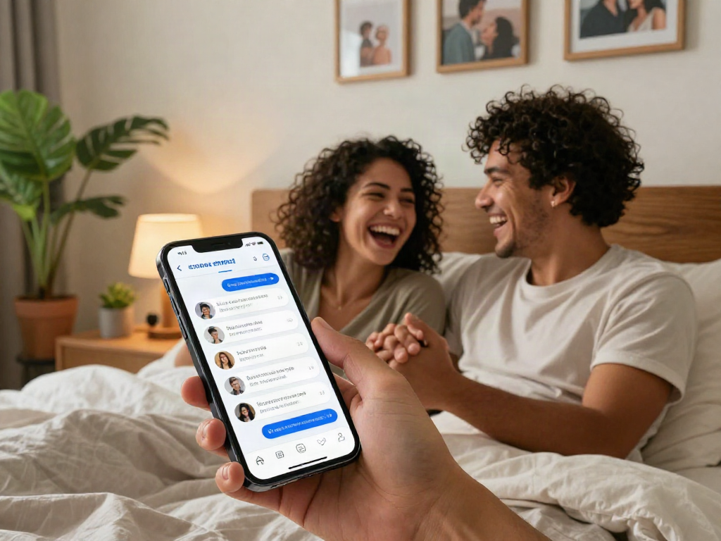 Couple enjoying sex AI app insights in intimate bedroom setting, fostering connection.