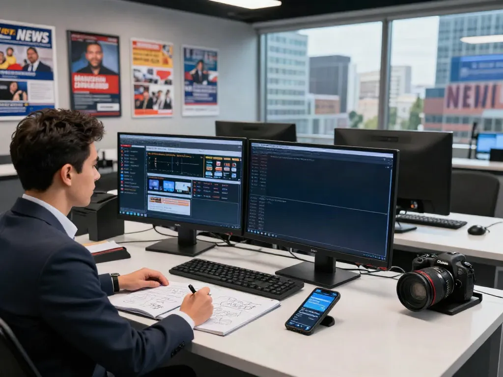 News journalist engaging with live updates in an energetic newsroom environment.