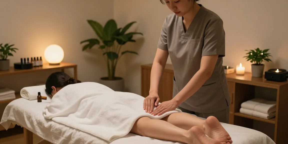 Relaxing massage therapy studio setting promoting 성남출장마사지 with therapist preparing serene treatment.