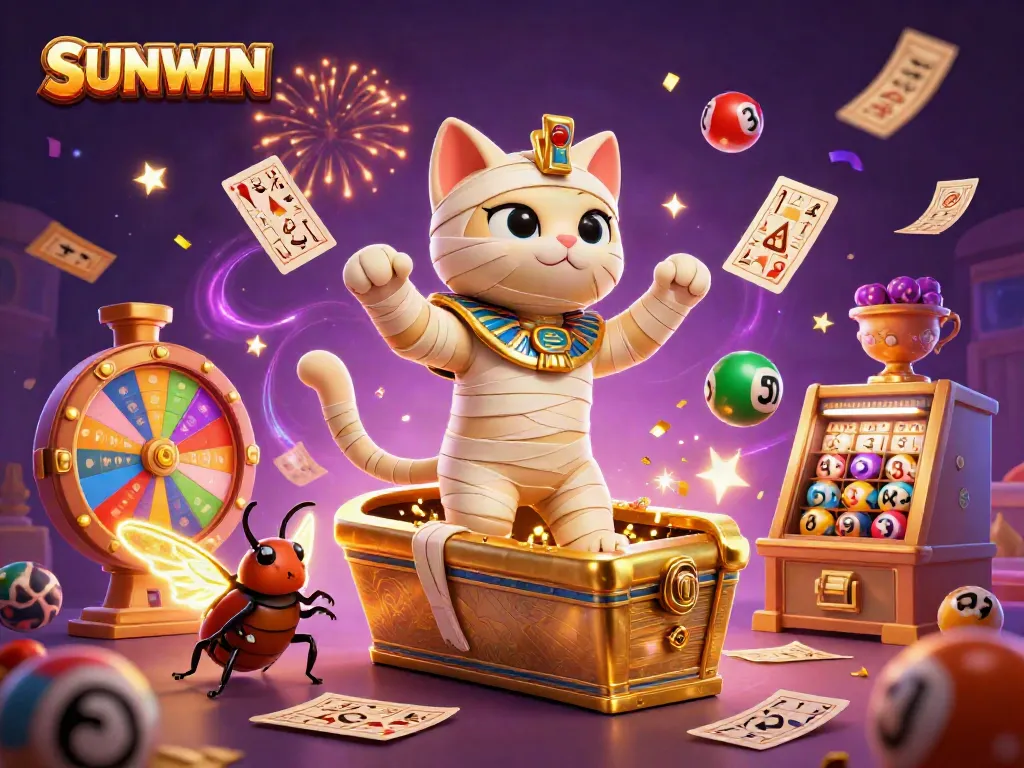 Experience thrilling moments at SUNWIN's vibrant casino with an Egyptian mummy cat, rich symbols, and dynamic lottery balls.