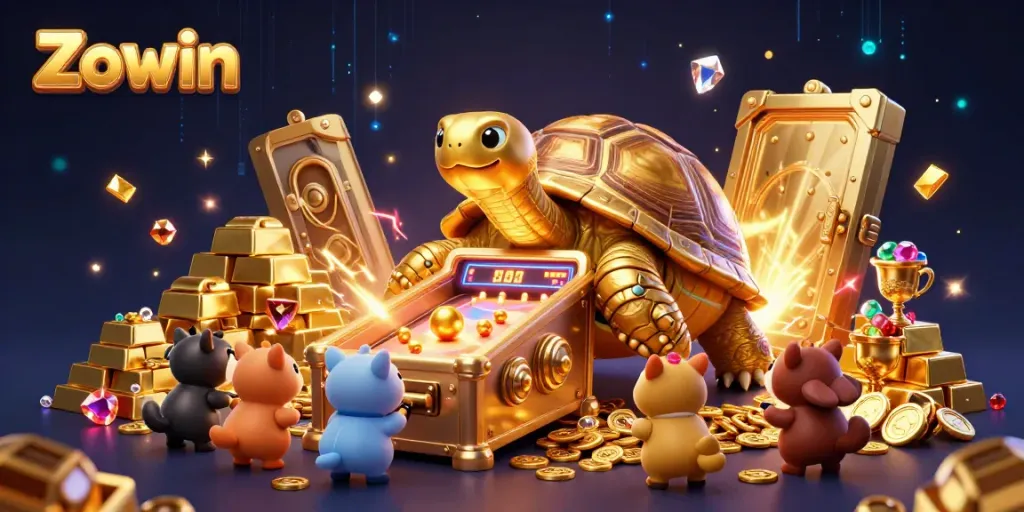 Engage with Zowin's vibrant casino scene featuring a colossal tortoise and exciting treasures.