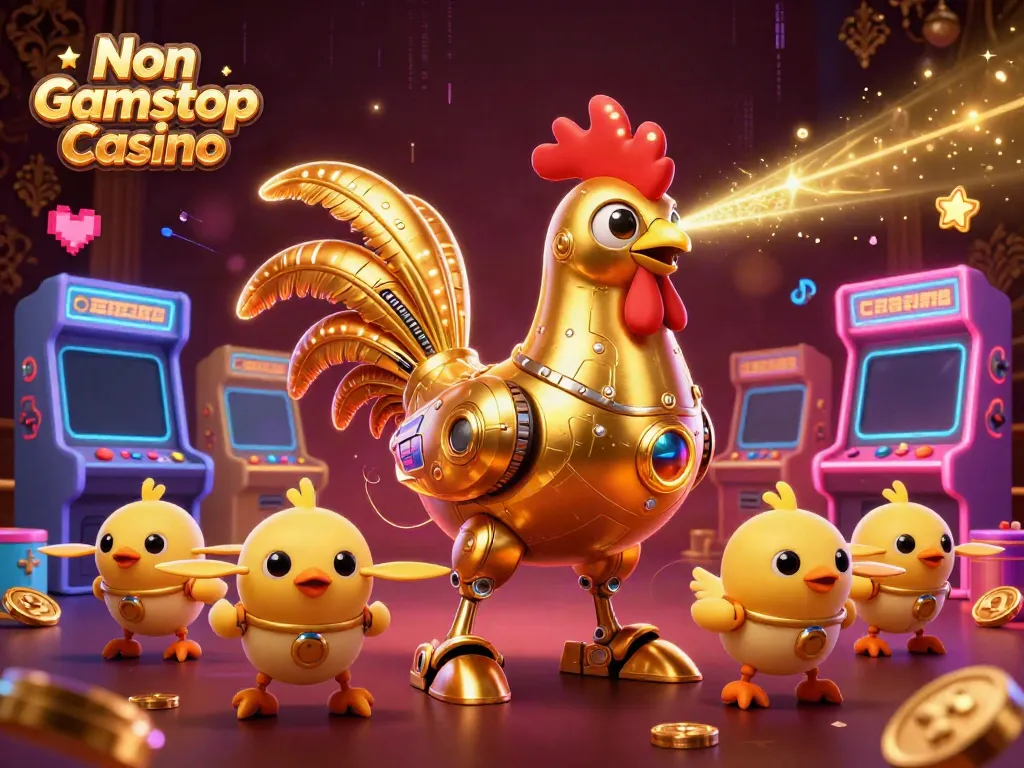 Experience the thrill of a Non Gamstop Casino with vibrant gaming scenes and a unique golden rooster.