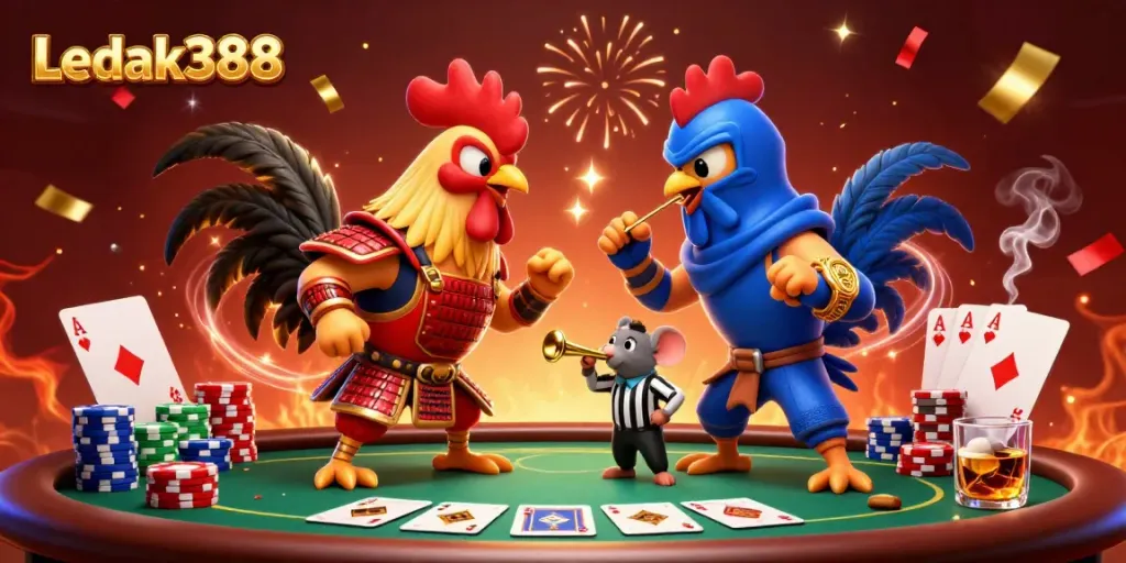 Engage in high-stakes play at Ledak388 with vibrant roosters and animated poker elements.