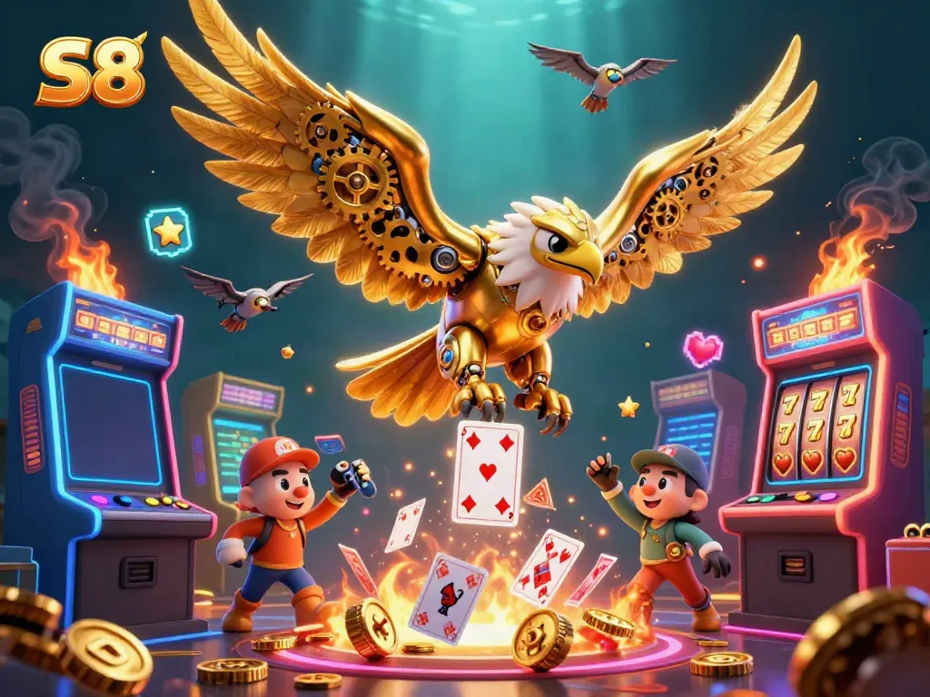Experience incredible S8 gameplay with a cybernetic eagle amidst a jackpot of holographic cards and colorful arcade elements.