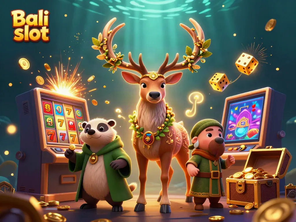 Experience thrilling gameplay with Bali slot as characters celebrate a jackpot win amidst vibrant casino elements.