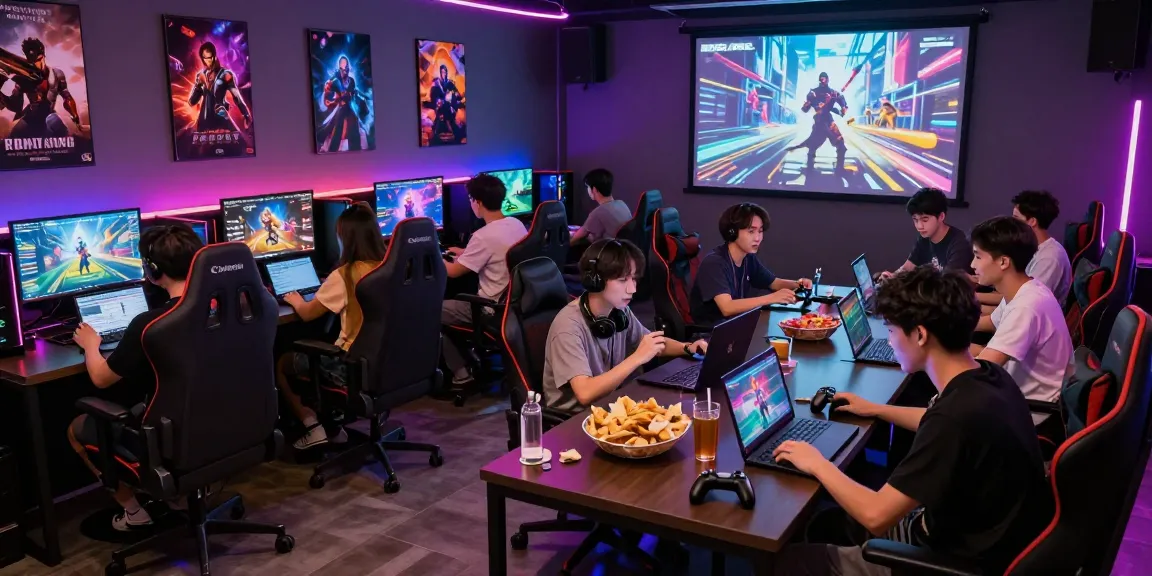 Engaged players enjoying free porn games in a vibrant gaming lounge with colorful screens.