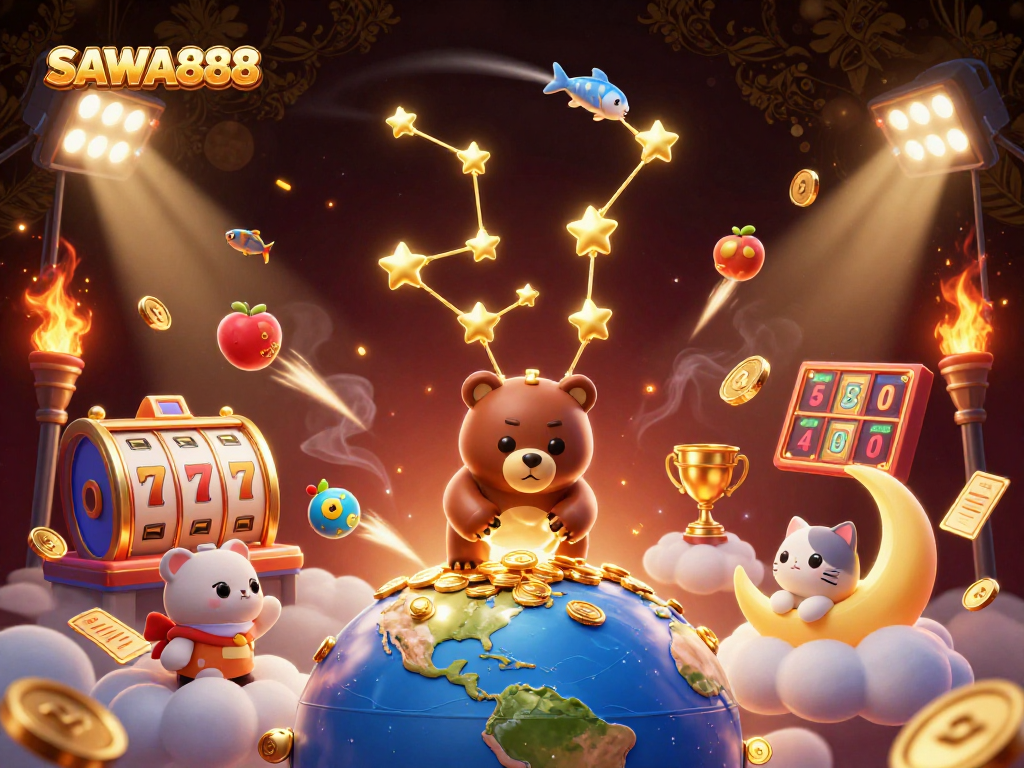 Experience the magic of SAWA888 with vibrant characters scooping coins in a dynamic gambling scene.