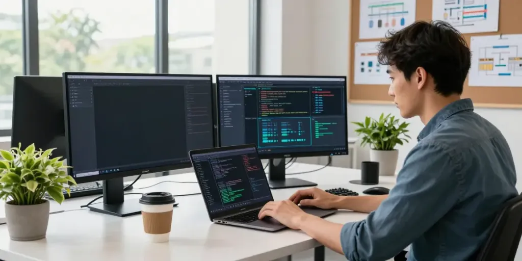 Programmer coding in a modern workspace, focused on instant indexing analytics.