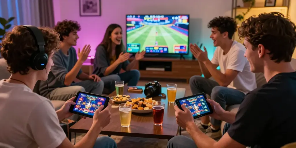 Friends enjoying a gaming night with 11Bet games in a lively home setting.