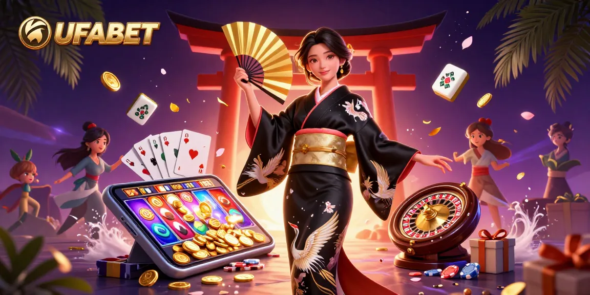 Bet on UFABET with an elegant Asian woman in a vibrant casino-themed illustration.