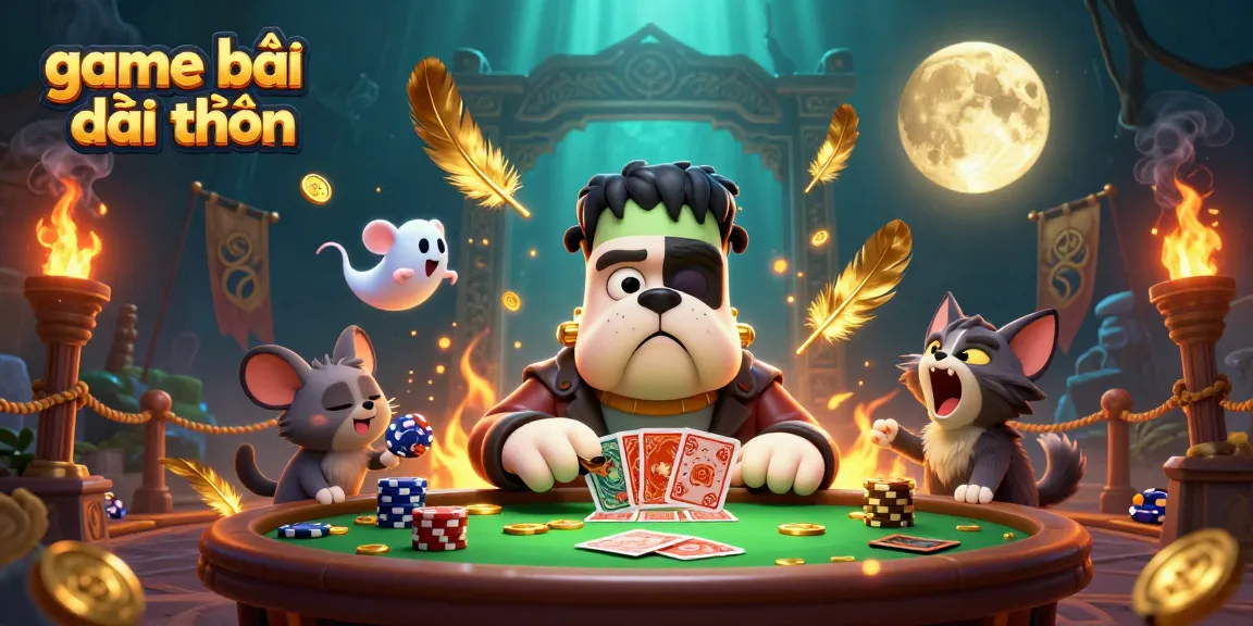 Experience thrilling game bài đổi thưởng with a cartoon bulldog and spooky casino atmosphere.