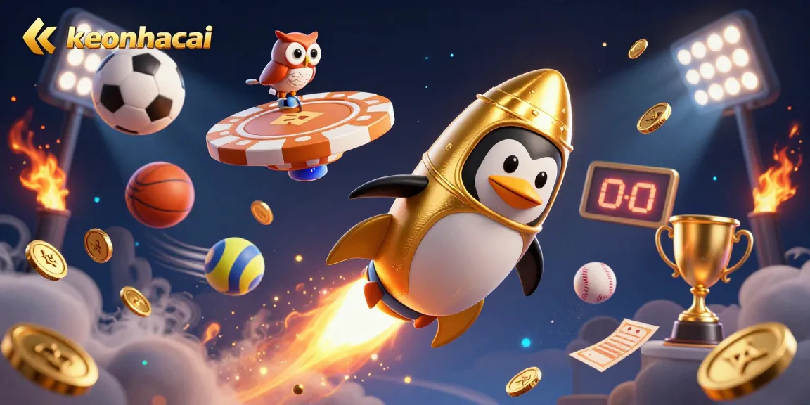 Experience the excitement of keonhacai sports betting with a golden penguin racing to a poker chip space station!