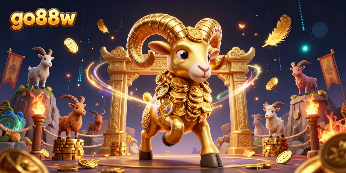 Engage in thrilling gaming with go88w featuring a dynamic scene of golden ram and mountain goats amidst swirling gold coins and festive elements.